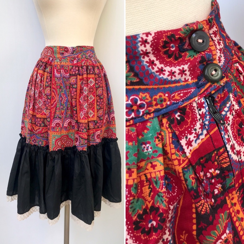 Vintage 50’s paisley rainbow & black cotton peasant full skirt